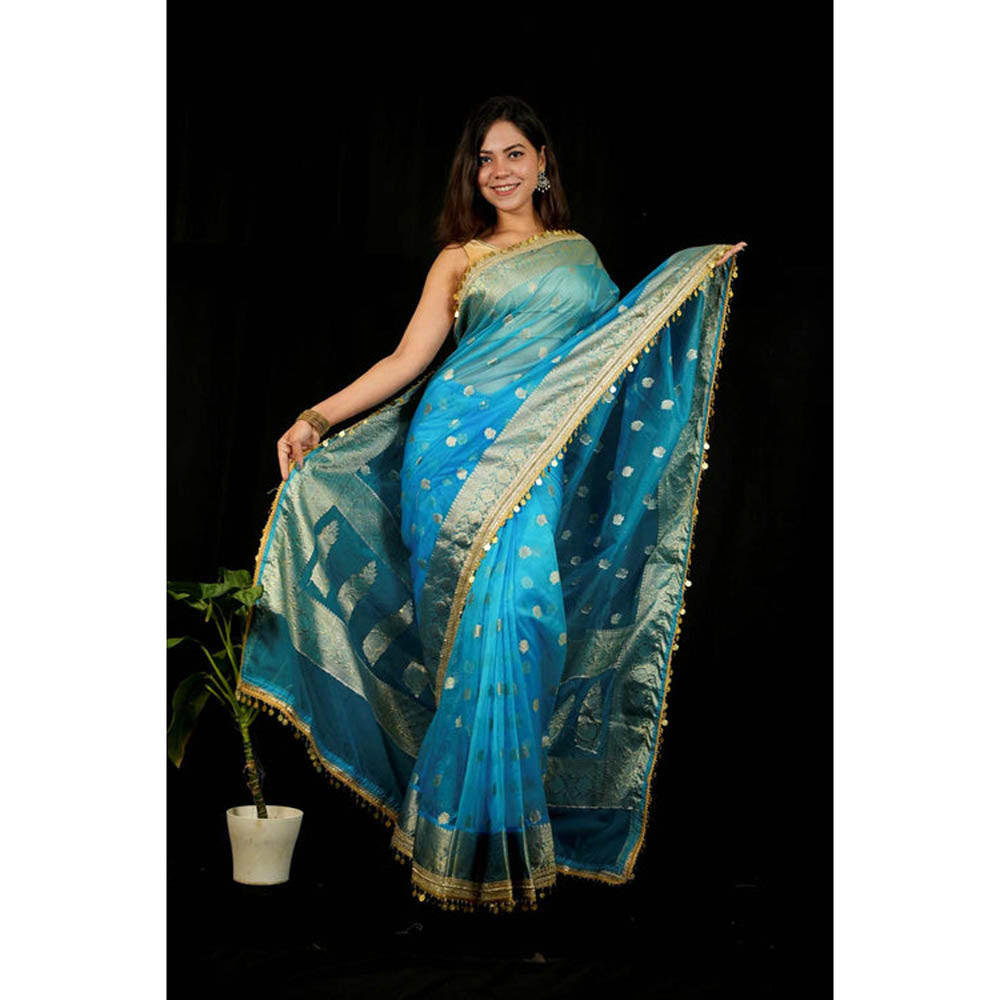 Isadora Life Womens Woven Sequined Blue Pre-Draped Saree With Unstitched Blouse
