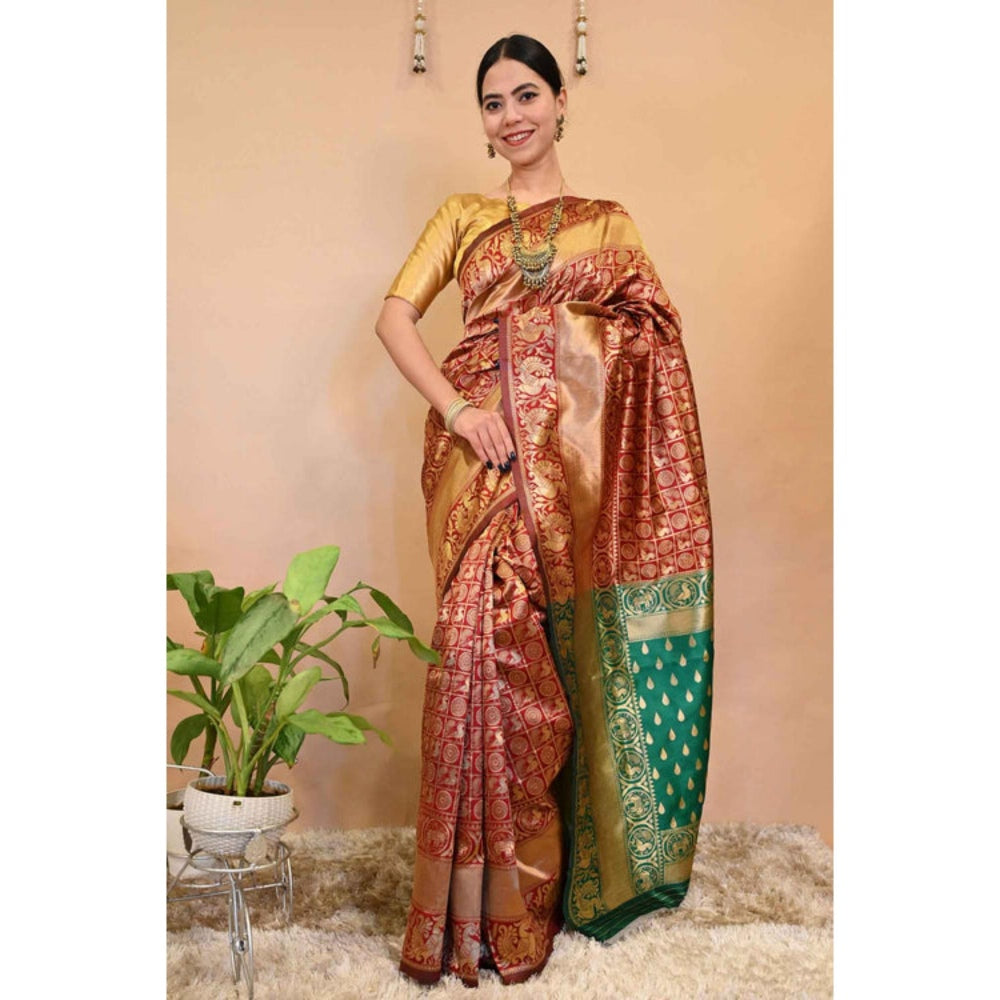 Isadora Life Womens Woven Zari Red Pre-Draped Saree With Unstitched Blouse