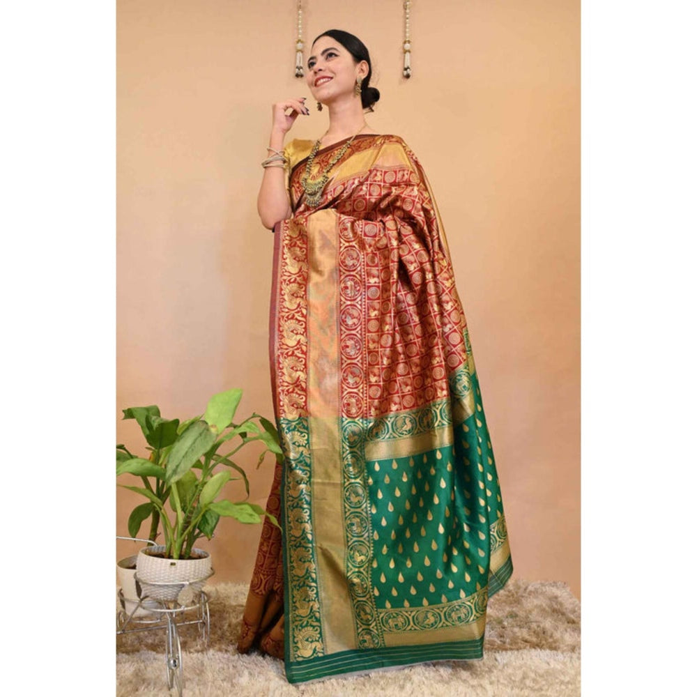 Isadora Life Womens Woven Zari Red Pre-Draped Saree With Unstitched Blouse