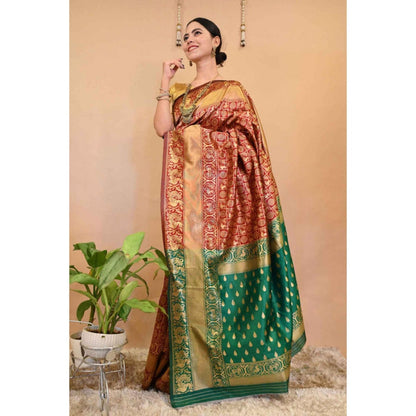 Isadora Life Womens Woven Zari Red Pre-Draped Saree With Unstitched Blouse