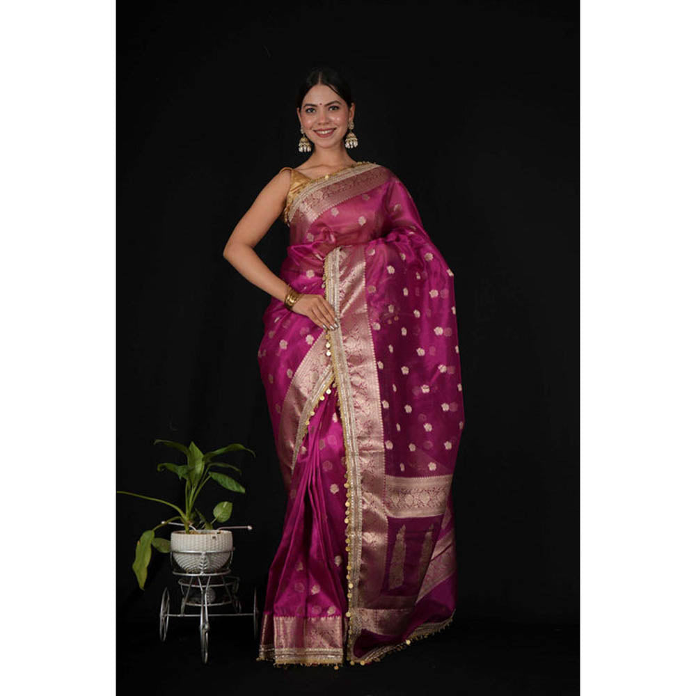 Isadora Life Womens Woven Zari Purple Pre-Draped Saree With Unstitched Blouse