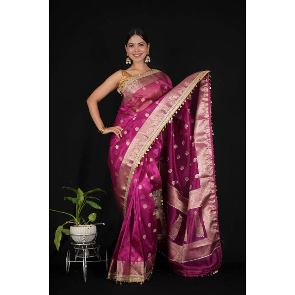 Isadora Life Womens Woven Zari Purple Pre-Draped Saree With Unstitched Blouse