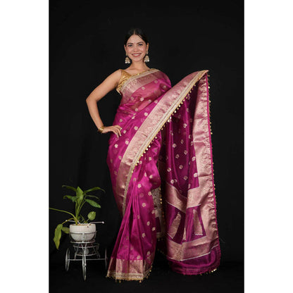 Isadora Life Womens Woven Zari Purple Pre-Draped Saree With Unstitched Blouse
