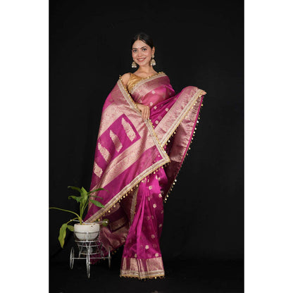 Isadora Life Womens Woven Zari Purple Pre-Draped Saree With Unstitched Blouse