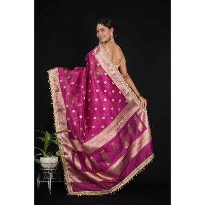 Isadora Life Womens Woven Zari Purple Pre-Draped Saree With Unstitched Blouse