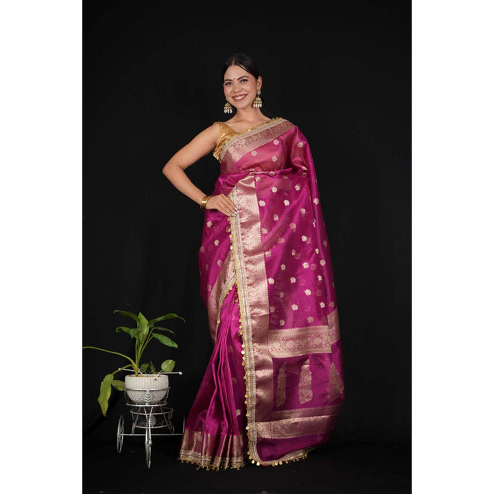 Isadora Life Womens Woven Zari Purple Pre-Draped Saree With Unstitched Blouse