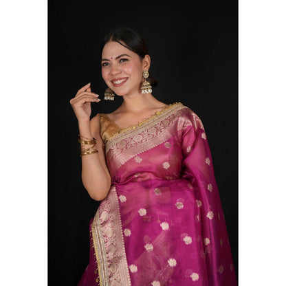 Isadora Life Womens Woven Zari Purple Pre-Draped Saree With Unstitched Blouse