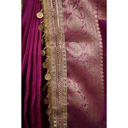 Isadora Life Womens Woven Zari Purple Pre-Draped Saree With Unstitched Blouse