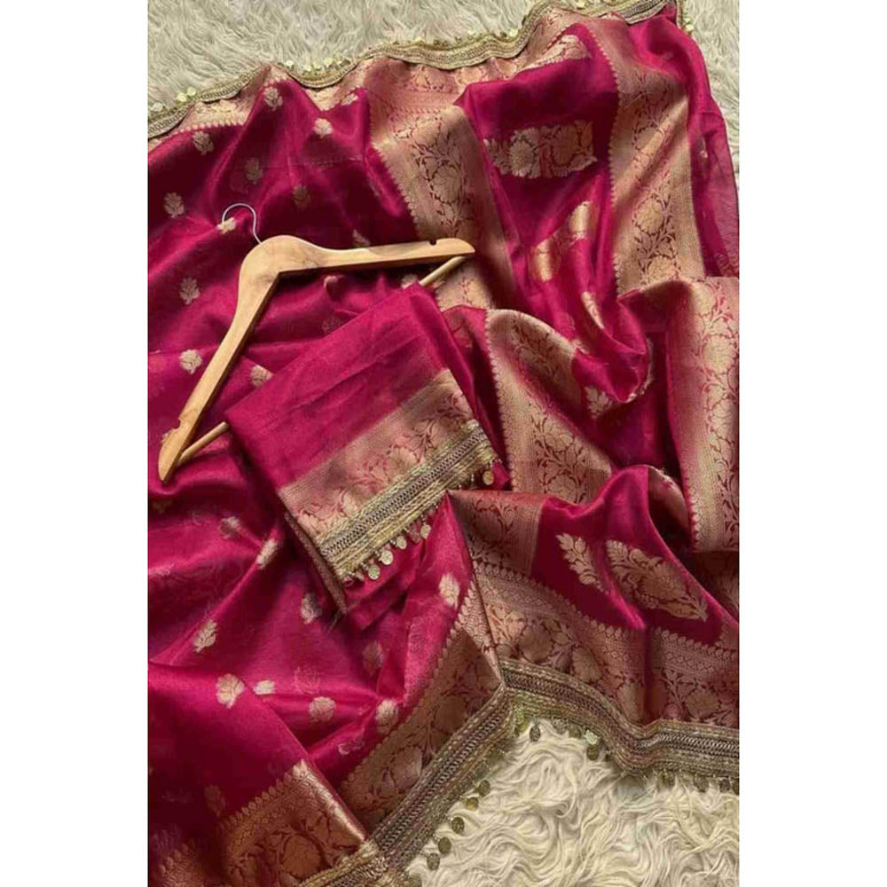 Isadora Life Womens Woven Zari Purple Pre-Draped Saree With Unstitched Blouse