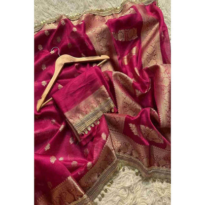 Isadora Life Womens Woven Zari Purple Pre-Draped Saree With Unstitched Blouse