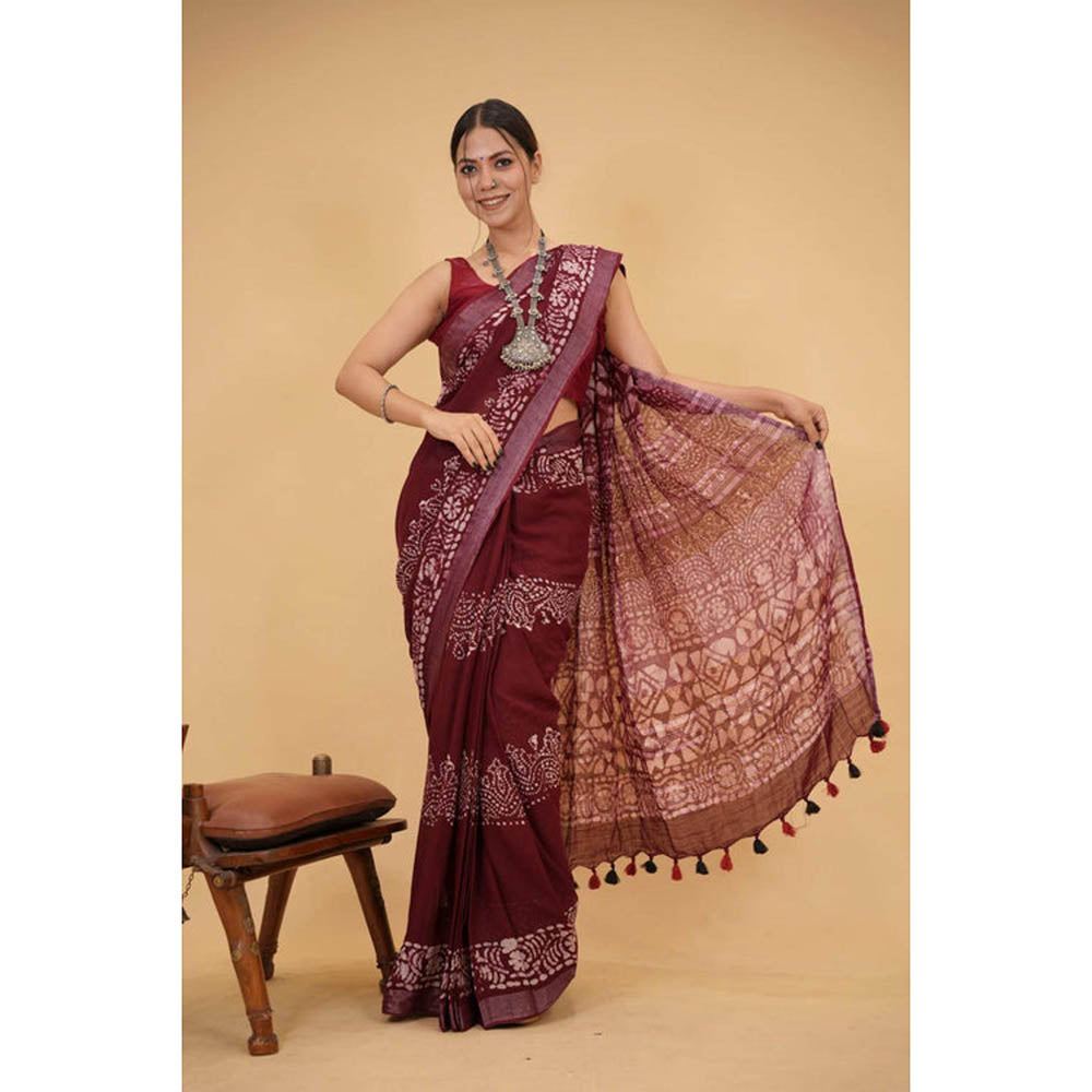 Isadora Life Womens Printed Tassels Maroon Pre-Draped Saree With Unstitched Blouse