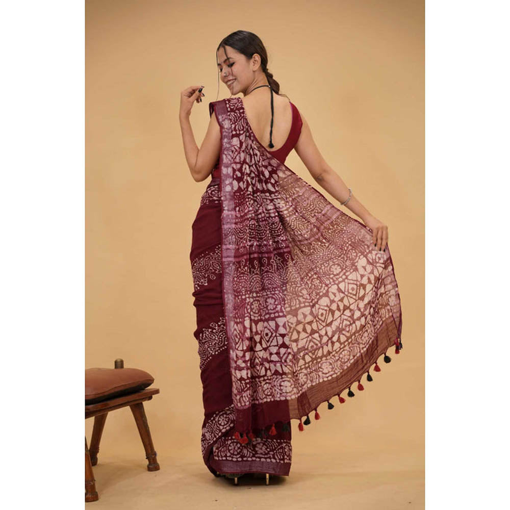 Isadora Life Womens Printed Tassels Maroon Pre-Draped Saree With Unstitched Blouse