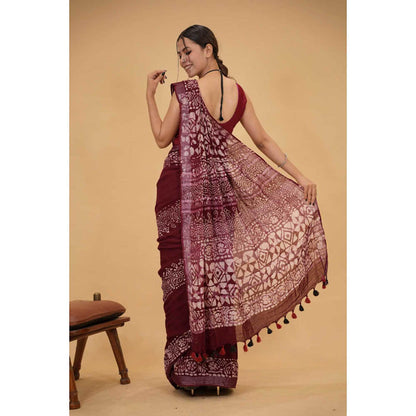 Isadora Life Womens Printed Tassels Maroon Pre-Draped Saree With Unstitched Blouse