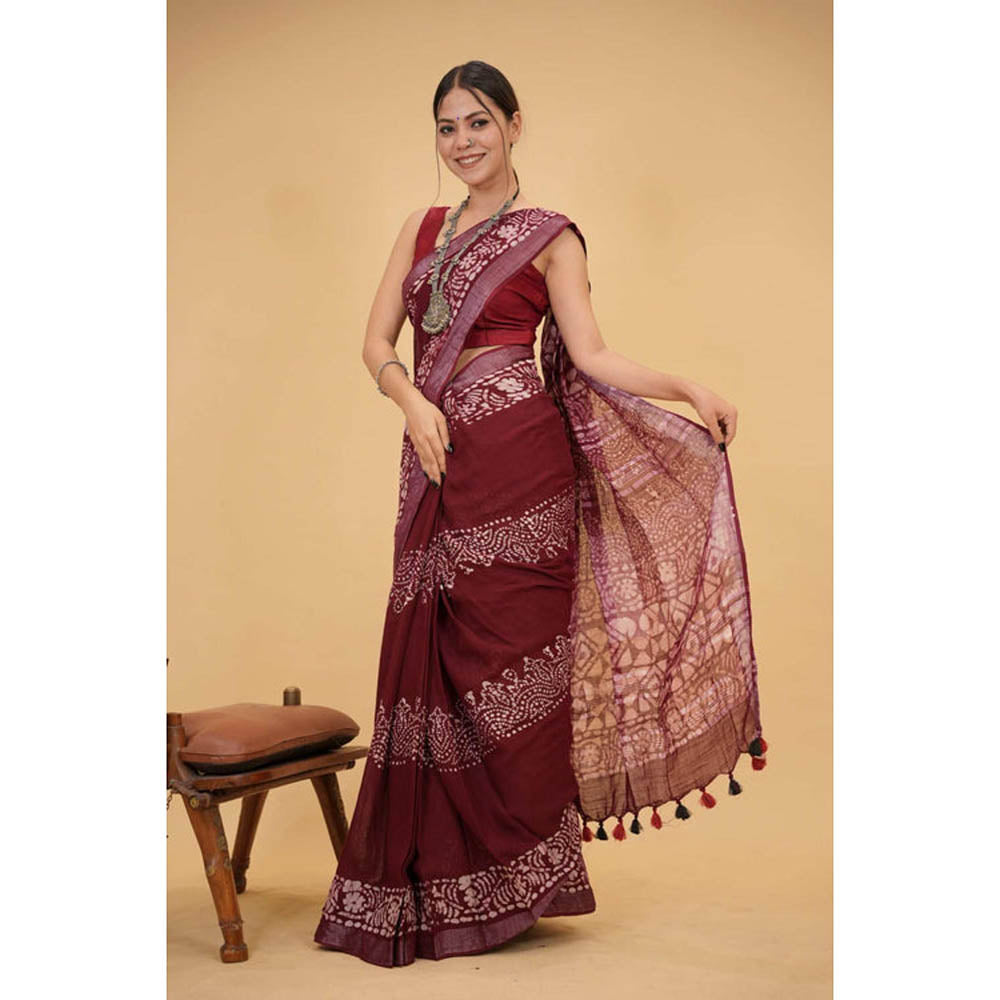 Isadora Life Womens Printed Tassels Maroon Pre-Draped Saree With Unstitched Blouse