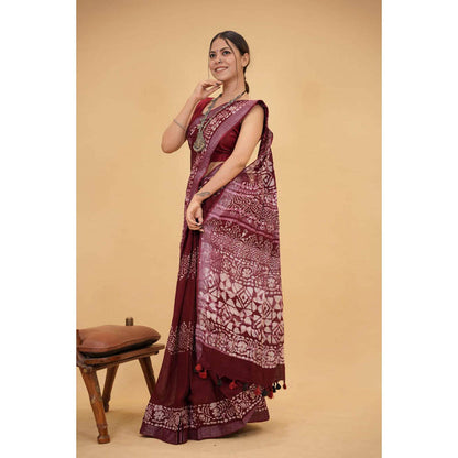 Isadora Life Womens Printed Tassels Maroon Pre-Draped Saree With Unstitched Blouse