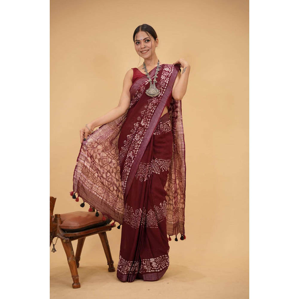 Isadora Life Womens Printed Tassels Maroon Pre-Draped Saree With Unstitched Blouse