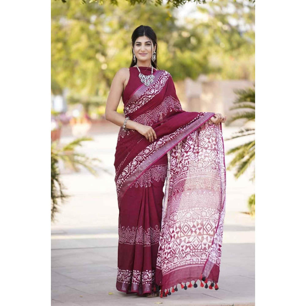 Isadora Life Womens Printed Tassels Maroon Pre-Draped Saree With Unstitched Blouse