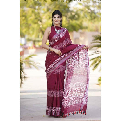 Isadora Life Womens Printed Tassels Maroon Pre-Draped Saree With Unstitched Blouse