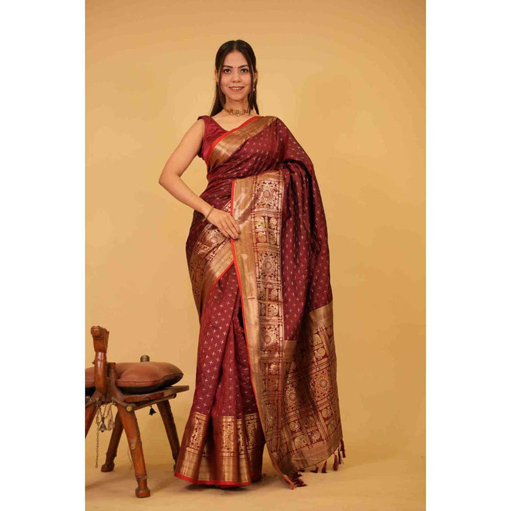 Isadora Life Womens Woven Tassels Maroon Pre-Draped Saree With Unstitched Blouse