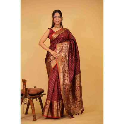 Isadora Life Womens Woven Tassels Maroon Pre-Draped Saree With Unstitched Blouse