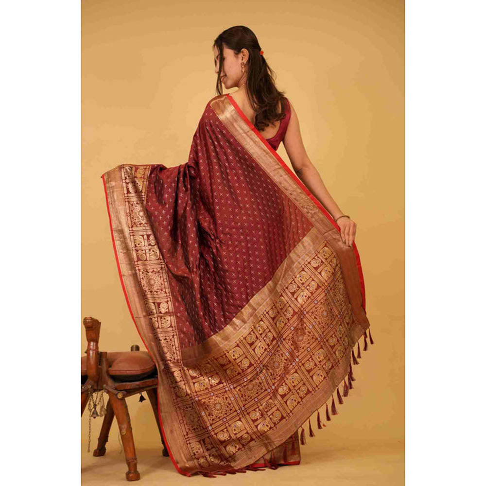 Isadora Life Womens Woven Tassels Maroon Pre-Draped Saree With Unstitched Blouse