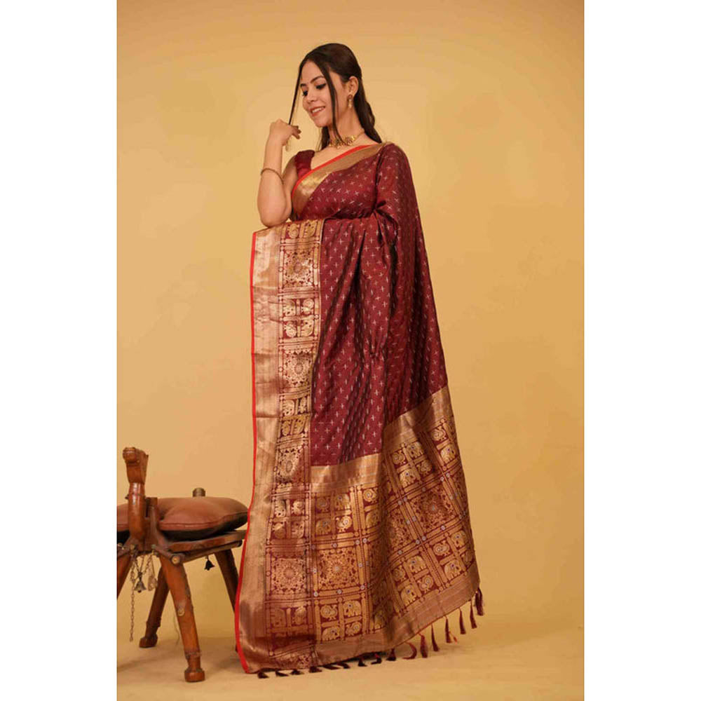 Isadora Life Womens Woven Tassels Maroon Pre-Draped Saree With Unstitched Blouse