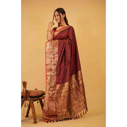 Isadora Life Womens Woven Tassels Maroon Pre-Draped Saree With Unstitched Blouse