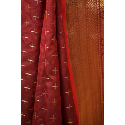 Isadora Life Womens Woven Tassels Maroon Pre-Draped Saree With Unstitched Blouse