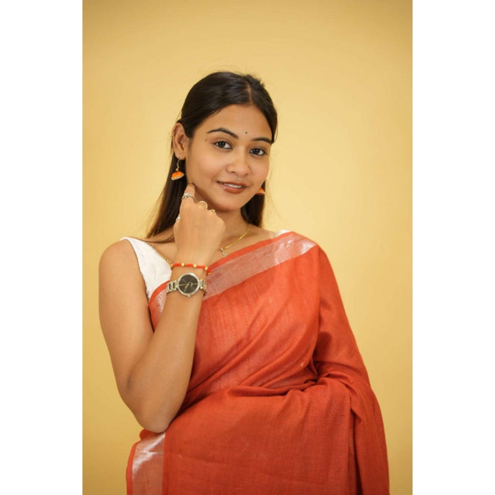 Isadora Life Womens Woven Tassels Orange Pre-Draped Saree With Unstitched Blouse