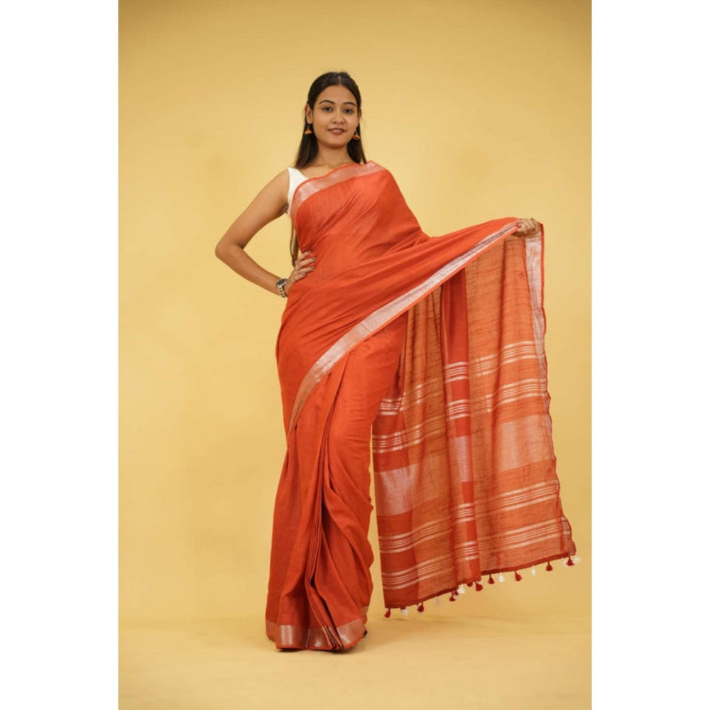 Isadora Life Womens Woven Tassels Orange Pre-Draped Saree With Unstitched Blouse