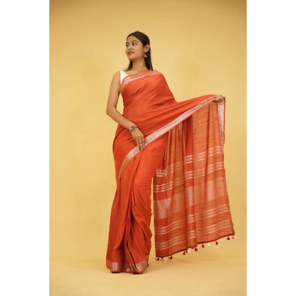 Isadora Life Womens Woven Tassels Orange Pre-Draped Saree With Unstitched Blouse