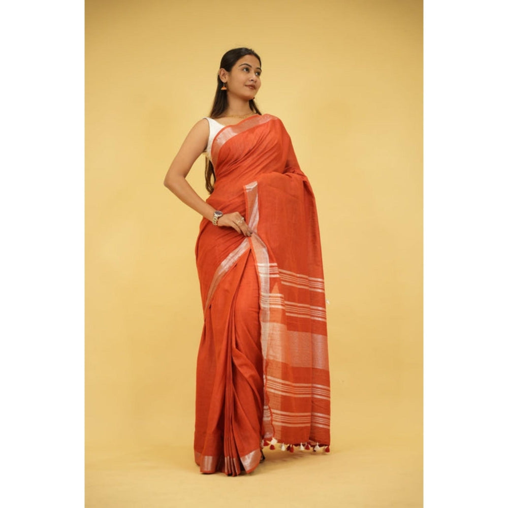 Isadora Life Womens Woven Tassels Orange Pre-Draped Saree With Unstitched Blouse