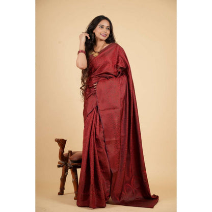 Isadora Life Womens Woven Maroon Pre-Draped Saree With Unstitched Blouse