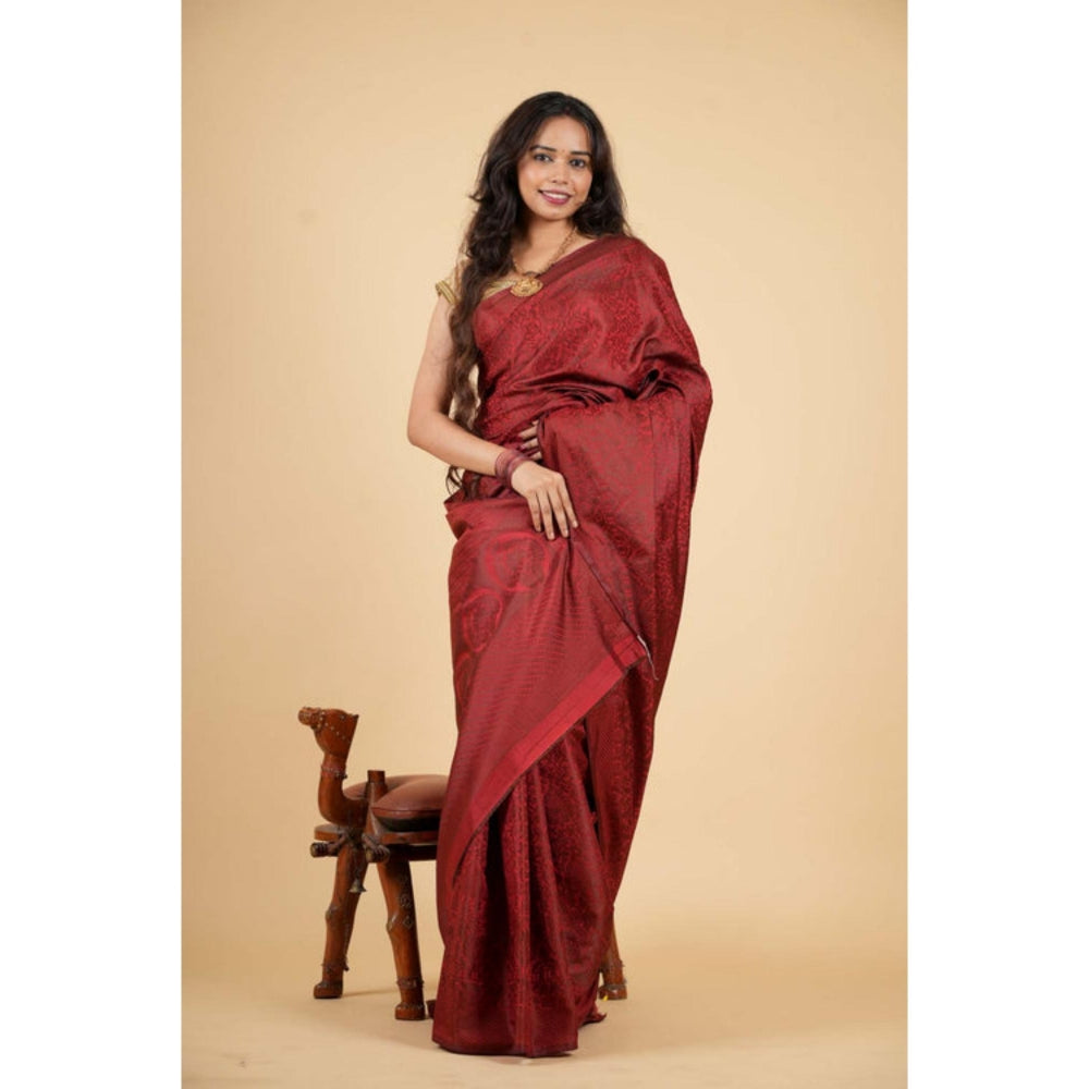 Isadora Life Womens Woven Maroon Pre-Draped Saree With Unstitched Blouse