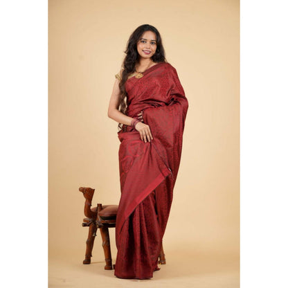 Isadora Life Womens Woven Maroon Pre-Draped Saree With Unstitched Blouse