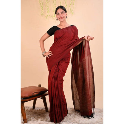Isadora Life Womens Woven Tassels Maroon Pre-Draped Saree With Unstitched Blouse