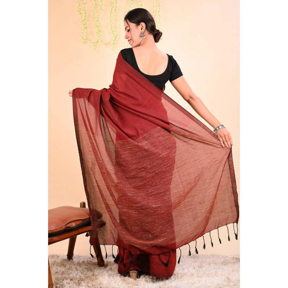Isadora Life Womens Woven Tassels Maroon Pre-Draped Saree With Unstitched Blouse