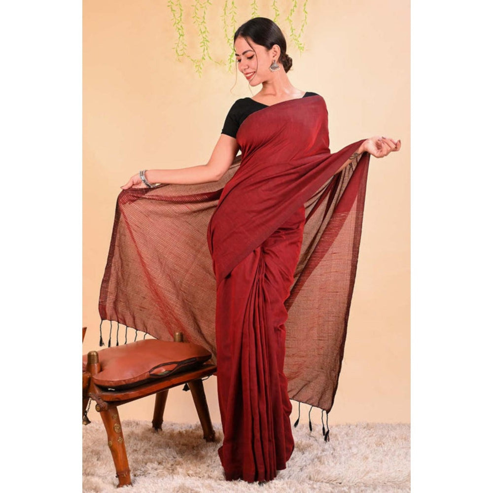 Isadora Life Womens Woven Tassels Maroon Pre-Draped Saree With Unstitched Blouse