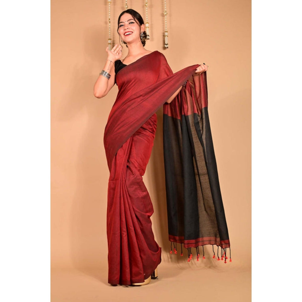 Isadora Life Womens Colorblock Tassels Maroon Pre-Draped Saree With Unstitched Blouse