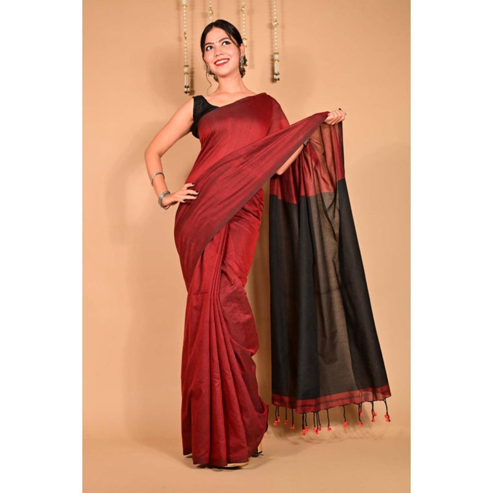 Isadora Life Womens Colorblock Tassels Maroon Pre-Draped Saree With Unstitched Blouse