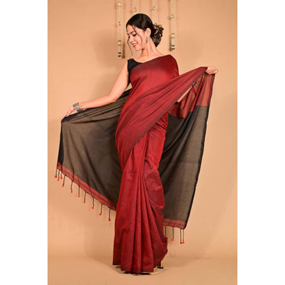 Isadora Life Womens Colorblock Tassels Maroon Pre-Draped Saree With Unstitched Blouse