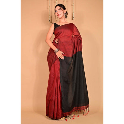 Isadora Life Womens Colorblock Tassels Maroon Pre-Draped Saree With Unstitched Blouse