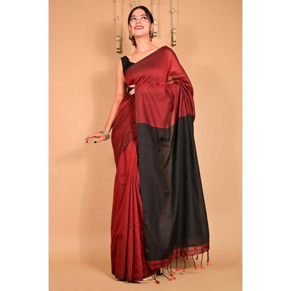 Isadora Life Womens Colorblock Tassels Maroon Pre-Draped Saree With Unstitched Blouse