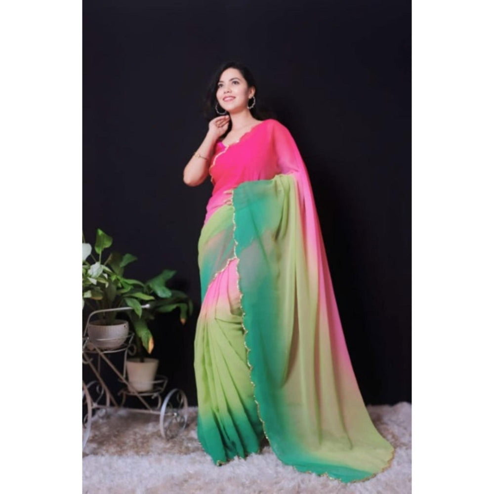 Isadora Life Womens Ombre Printed Multi-Color Pre-Draped Saree With Unstitched Blouse