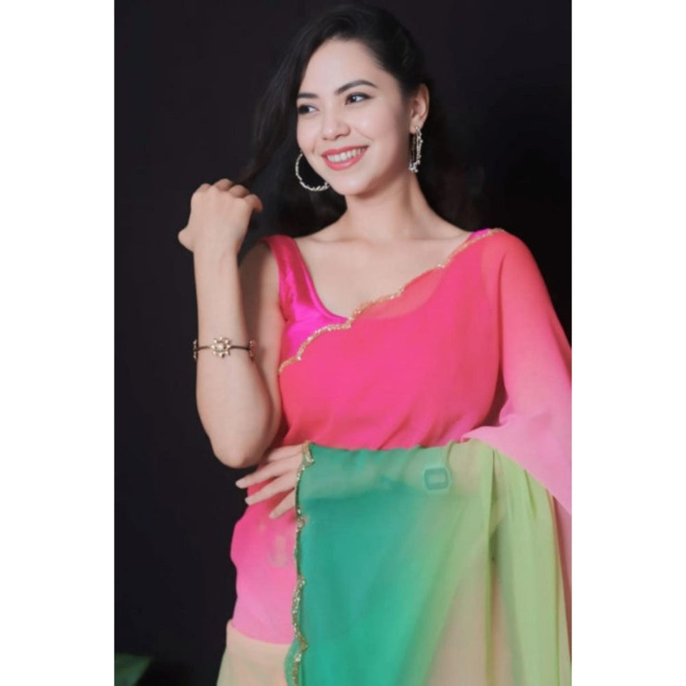 Isadora Life Womens Ombre Printed Multi-Color Pre-Draped Saree With Unstitched Blouse