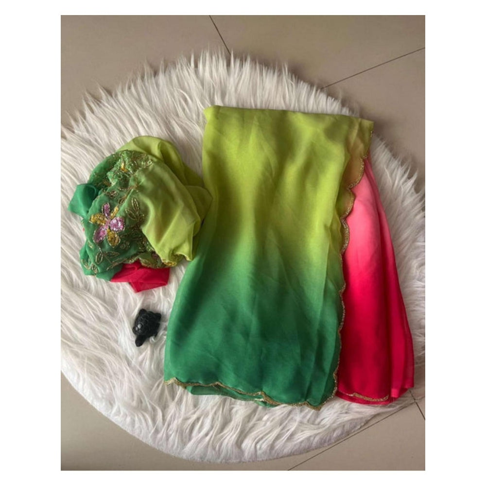 Isadora Life Womens Ombre Printed Multi-Color Pre-Draped Saree With Unstitched Blouse