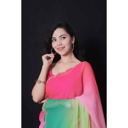 Isadora Life Womens Ombre Printed Multi-Color Pre-Draped Saree With Unstitched Blouse