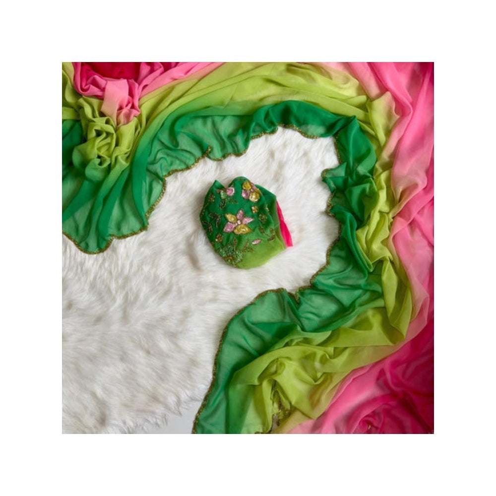 Isadora Life Womens Ombre Printed Multi-Color Pre-Draped Saree With Unstitched Blouse