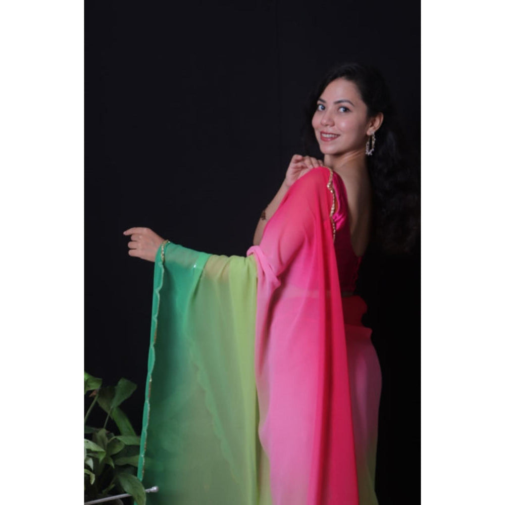 Isadora Life Womens Ombre Printed Multi-Color Pre-Draped Saree With Unstitched Blouse