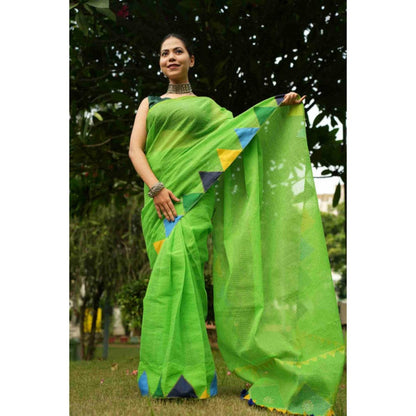 Isadora Life Womens Solid Tassels Green Pre-Draped Saree With Unstitched Blouse